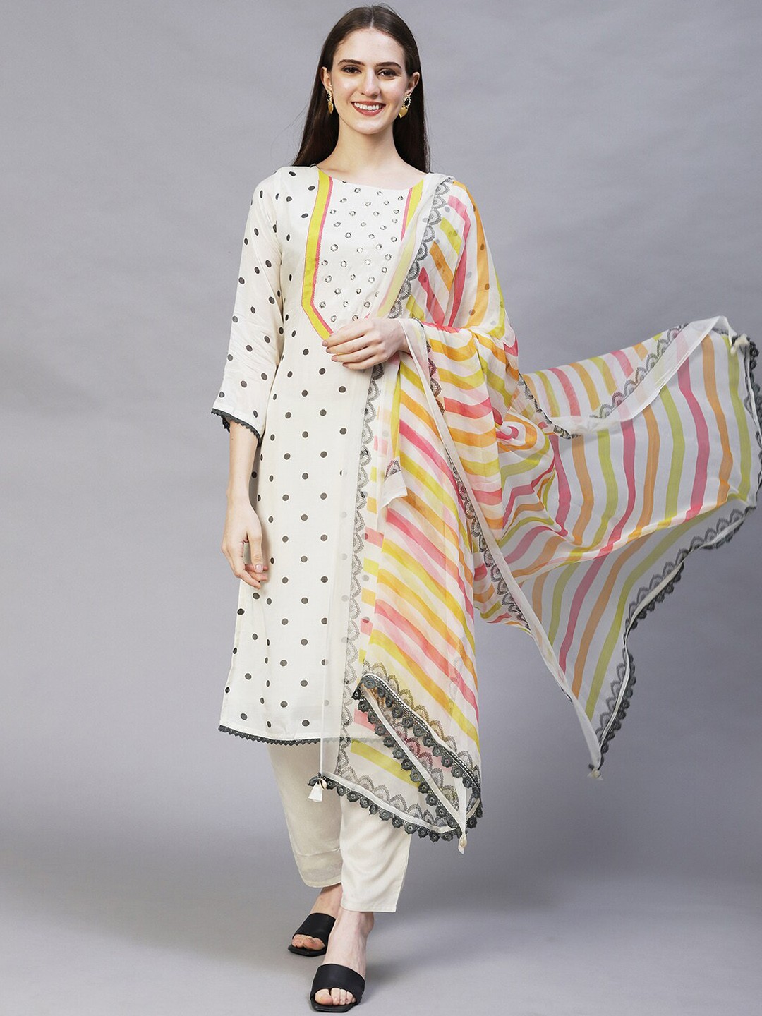 

FASHOR Printed Sequinned Kurta with Trousers & With Dupatta, Off white