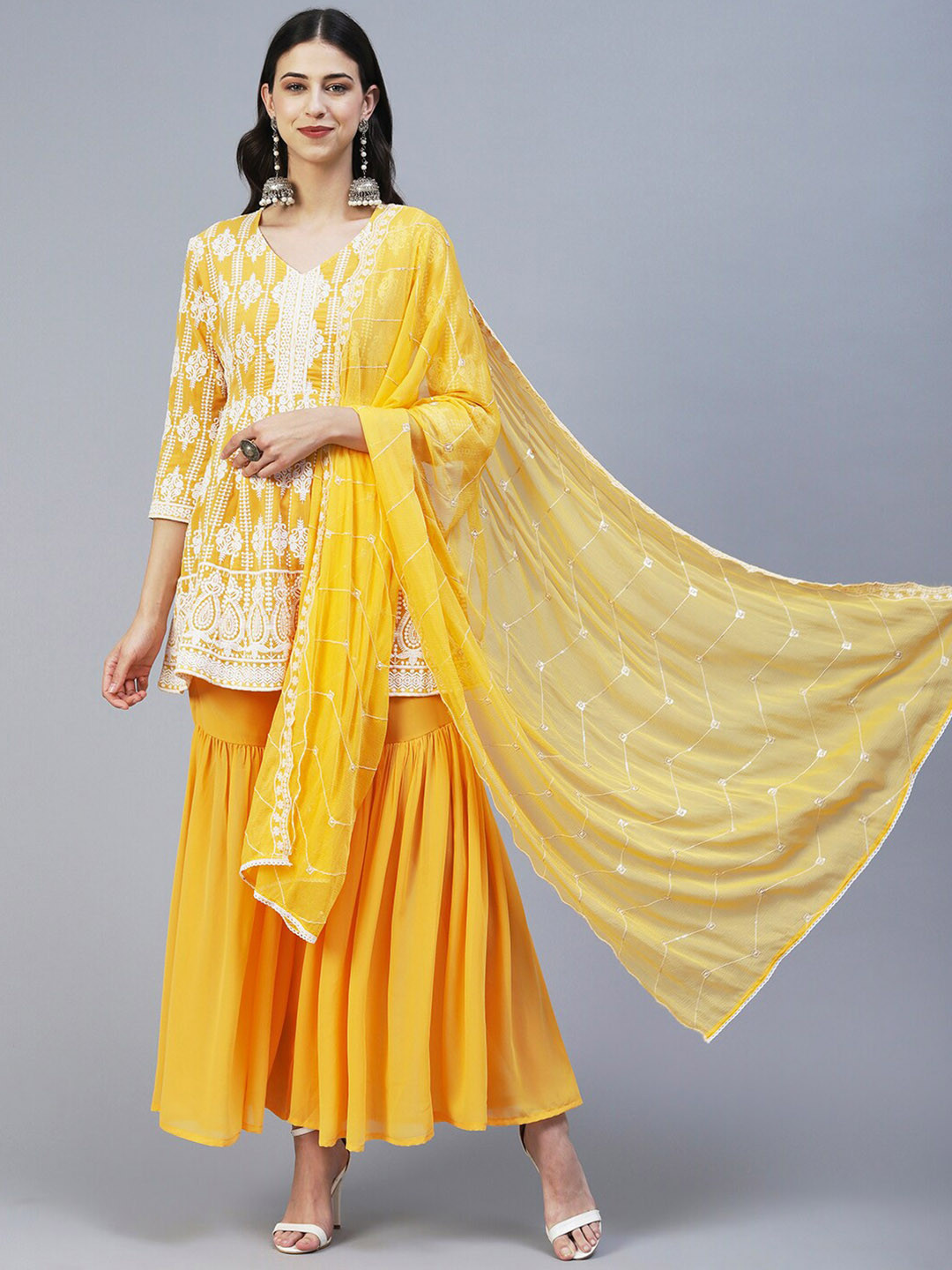 

FASHOR Women Ethnic Motifs Embroidered Chikankari Kurti with Sharara & Dupatta, Yellow
