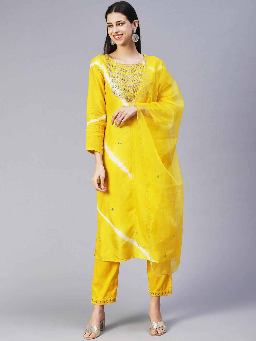 

FASHOR Women Ethnic Motifs Embroidered Thread Work Kurta with Trousers & Dupatta, Yellow