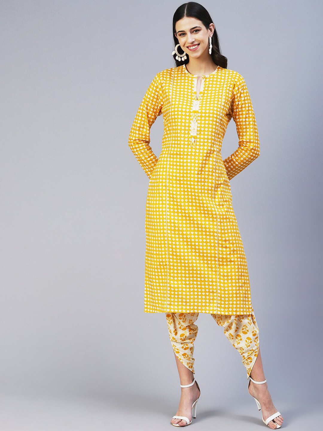 

FASHOR Women Printed Pure Cotton Kurta with Dhoti Pants, Yellow