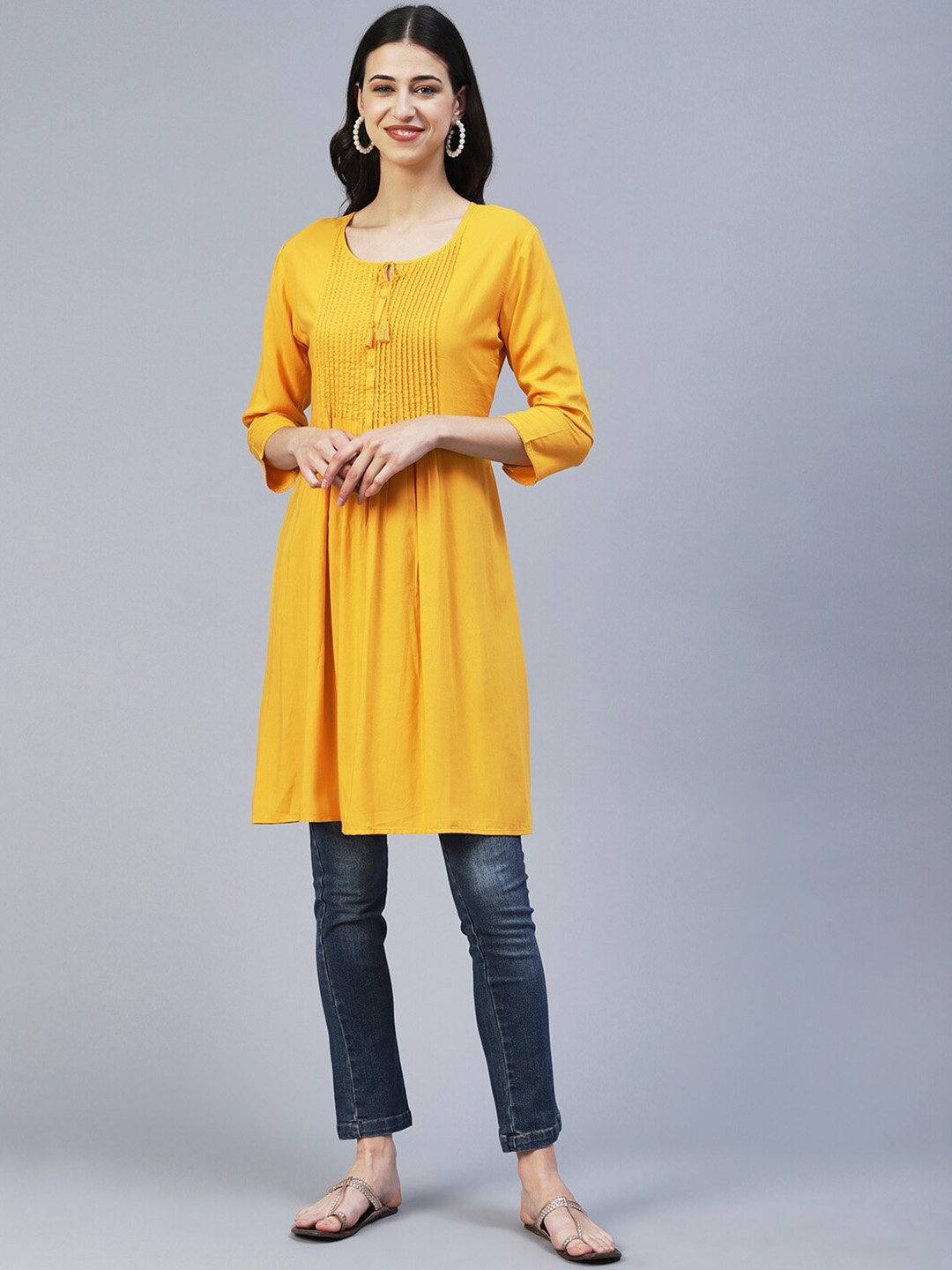 

FASHOR Women Geometric Embroidered Yoke Design Keyhole Neck Pure Cotton Kurta, Mustard