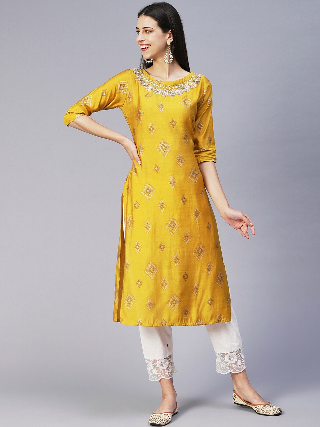 

FASHOR Women Floral Printed Mirror Work Kurta, Mustard