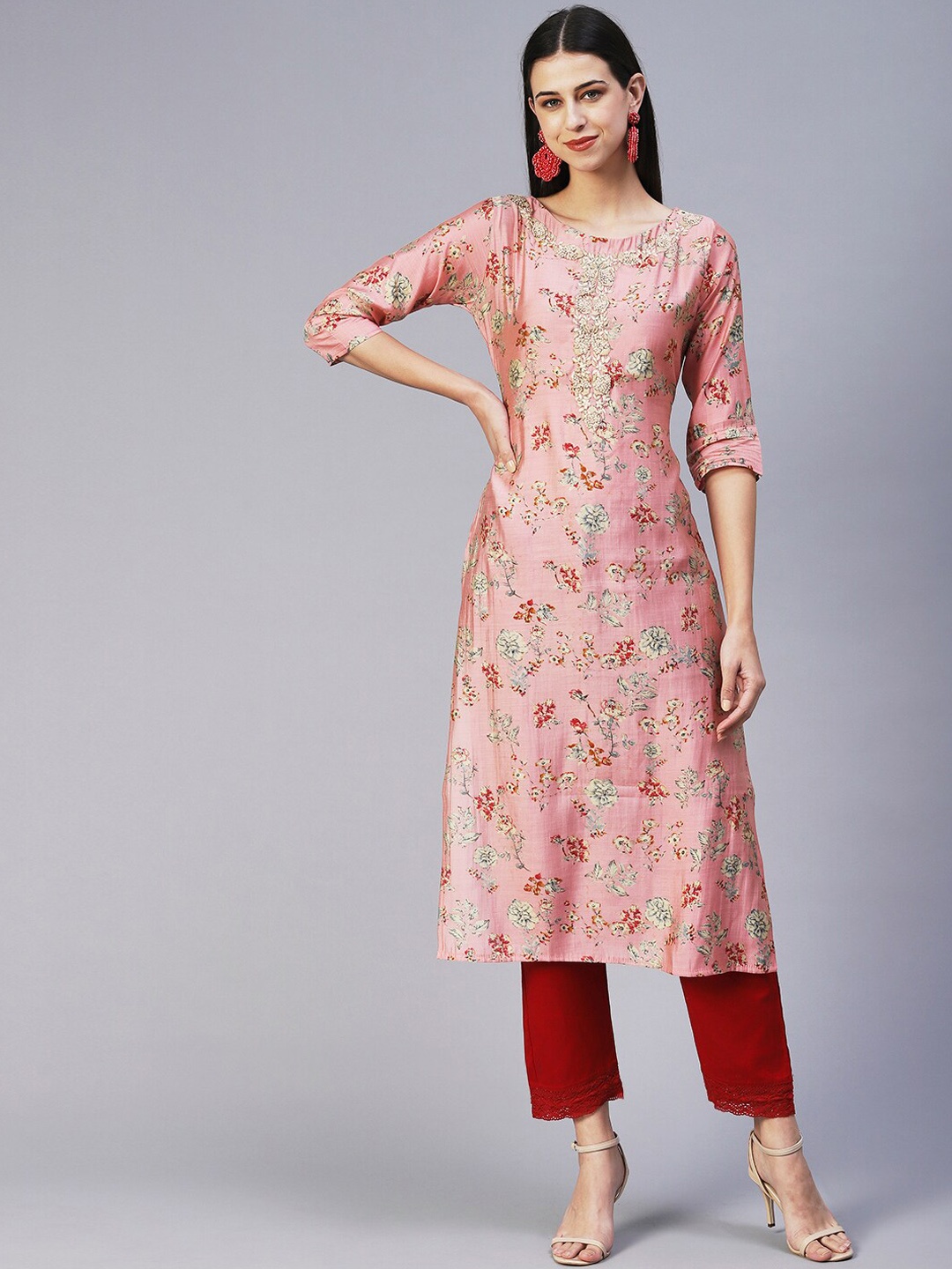 

FASHOR Women Floral Printed Kurta, Rose