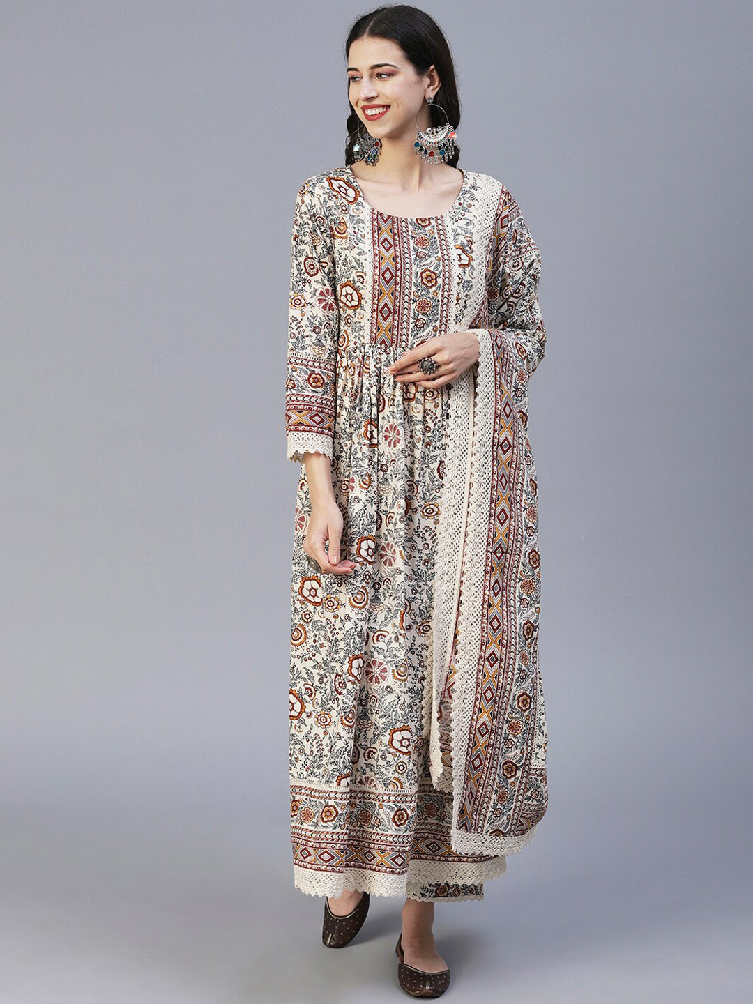 

FASHOR Women Floral Printed Pleated Pure Cotton Kurta with Trousers & Dupatta, Off white