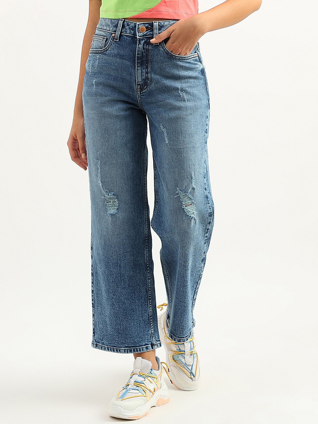 

United Colors of Benetton Women Cotton High-Rise Mildly Distressed Jeans, Blue