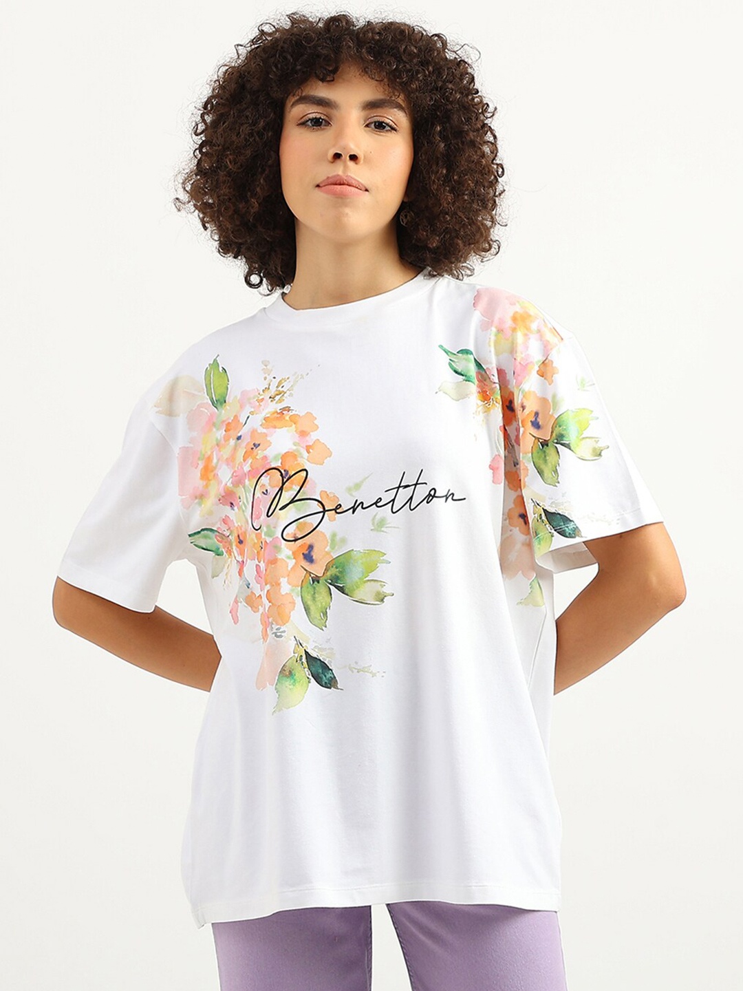 

United Colors of Benetton Women Floral Printed Drop-Shoulder Sleeves T-shirt, White