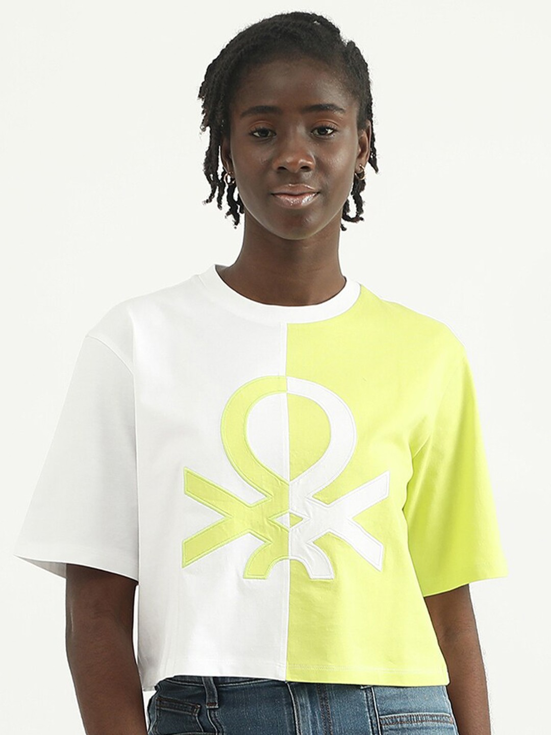 

United Colors of Benetton Women Colourblocked Cotton T-shirt, White