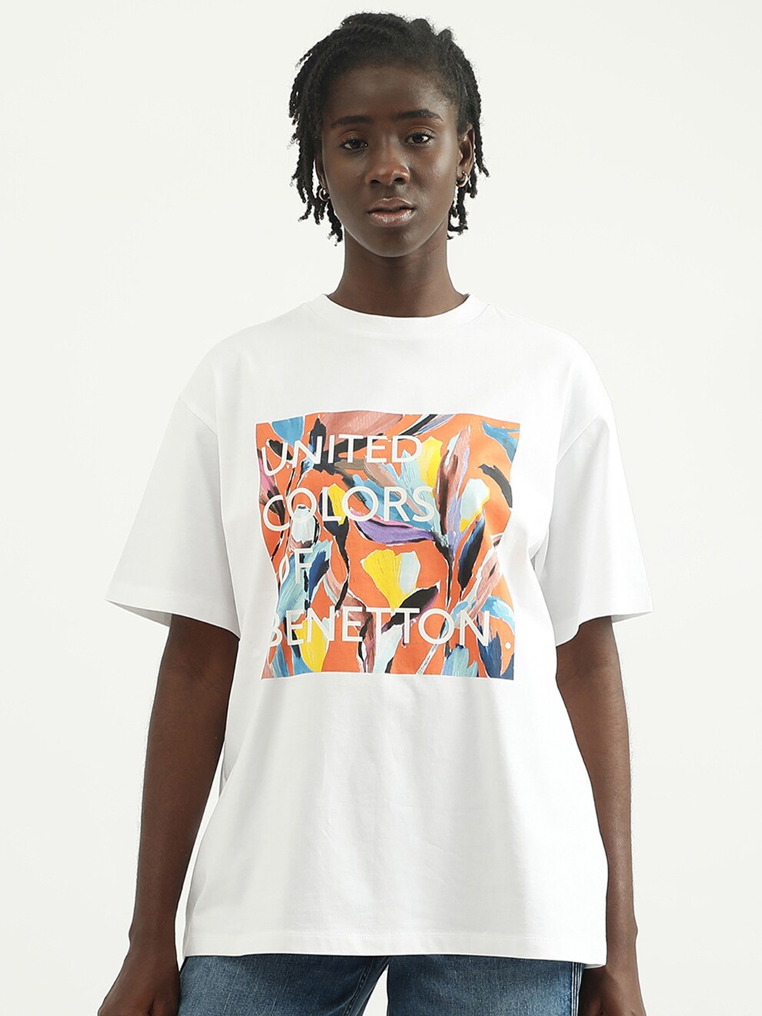 

United Colors of Benetton Women Typography Printed Drop-Shoulder Sleeves Cotton T-shirt, White
