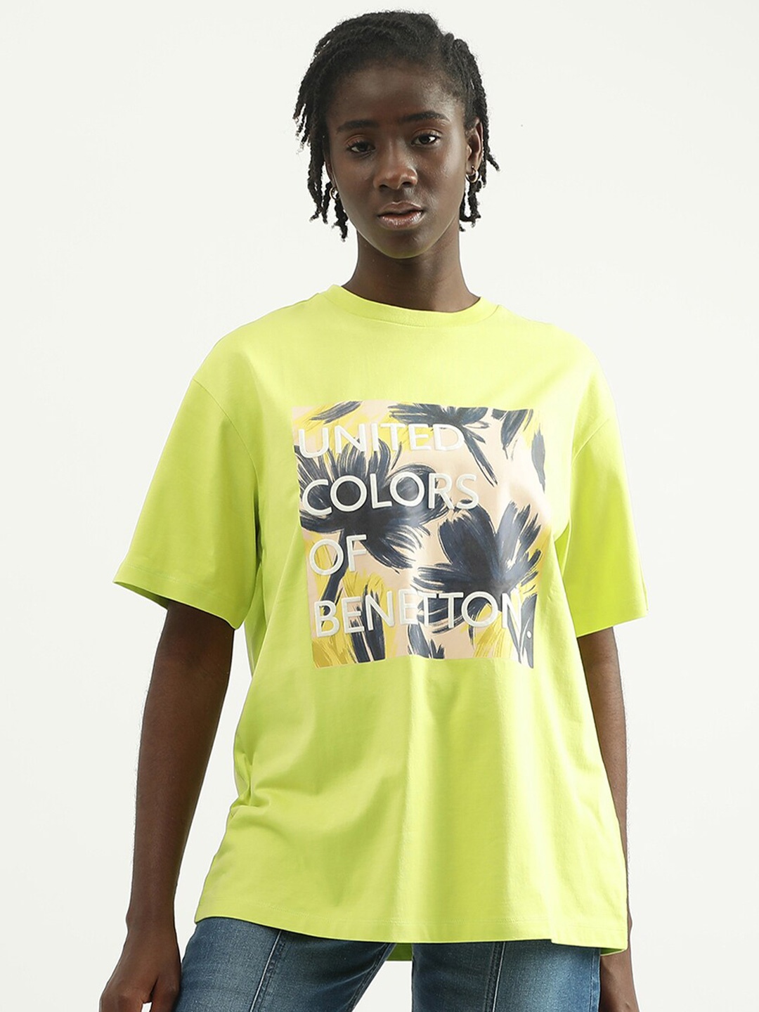 

United Colors of Benetton Women Typography Printed Cotton T-shirt, Green