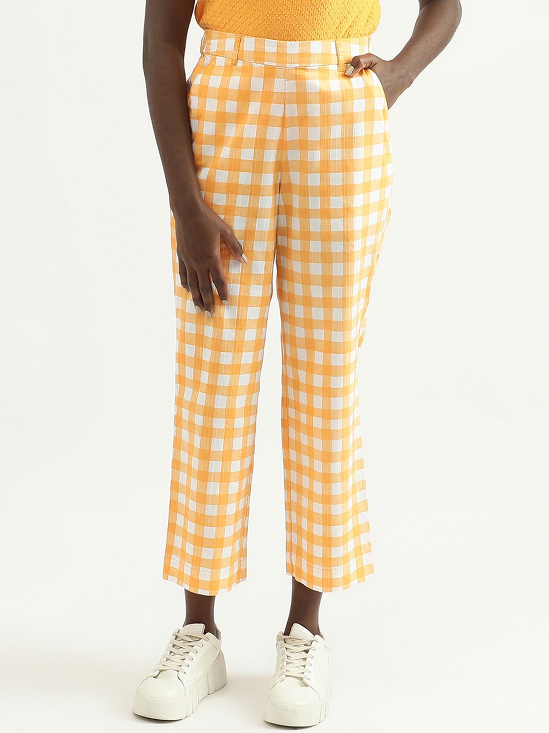 

United Colors of Benetton Women Checked Cotton Trouser, Orange