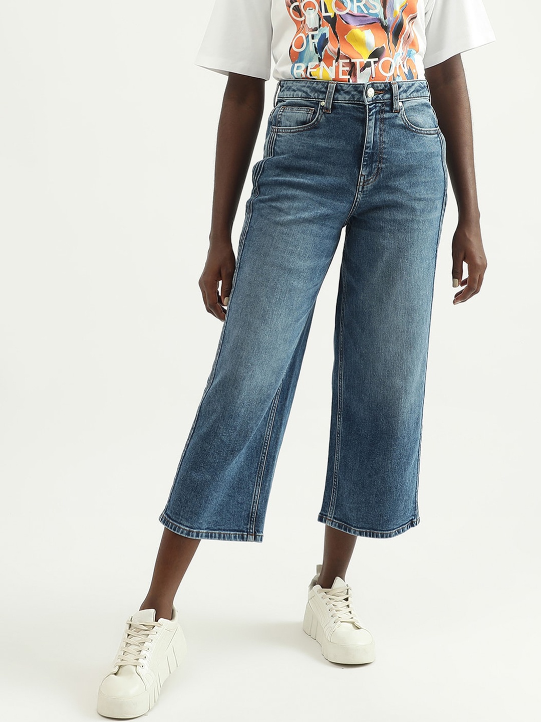 

United Colors of Benetton Women Flared High-Rise Low Distress Light Fade Jeans, Navy blue