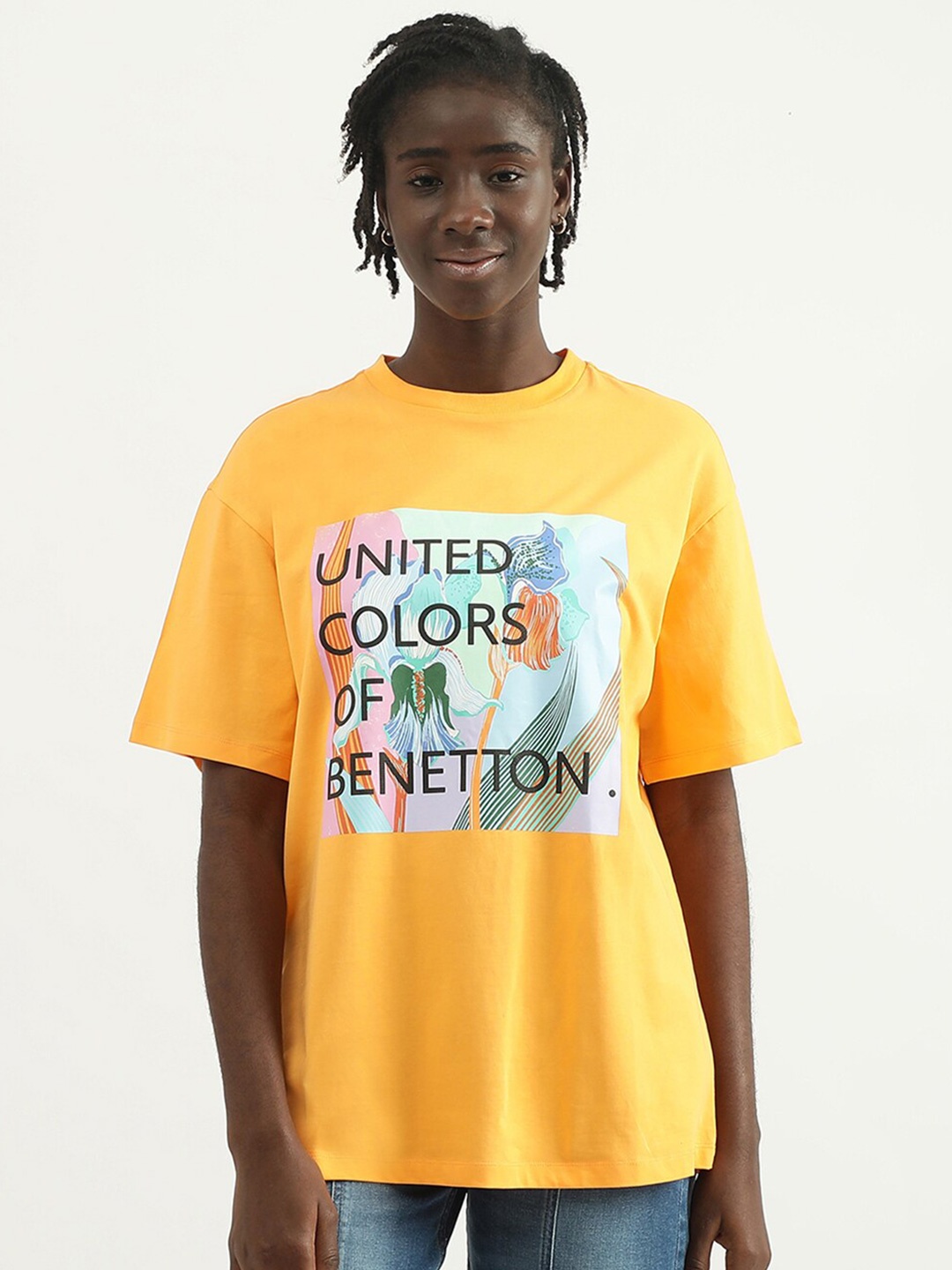 

United Colors of Benetton Women Cotton Typography Printed T-shirt, Yellow