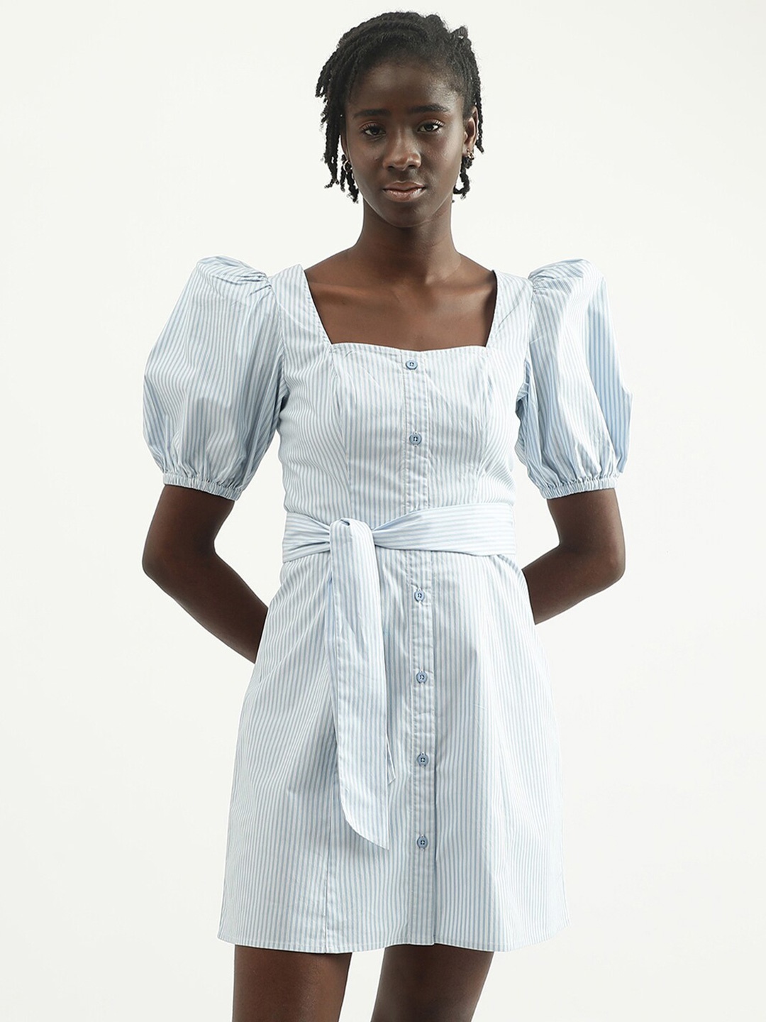 

United Colors of Benetton Striped Cotton A-Line Dress, Blue