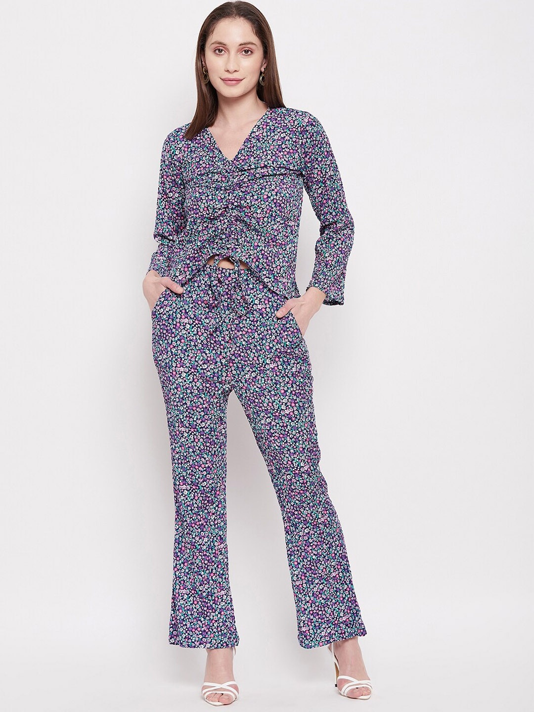 

Fashfun Women Floral Printed Top With Trouser Co-Ords, Blue