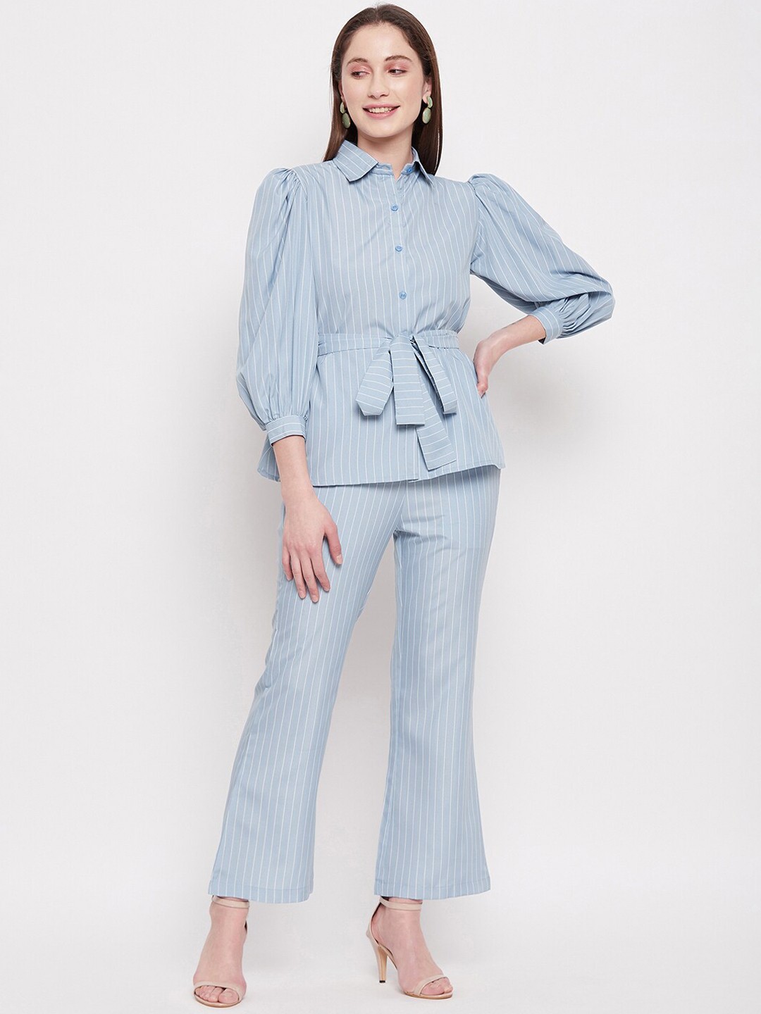 

Fashfun Women Striped Shirt With Trouser Co-Ord Set, Blue
