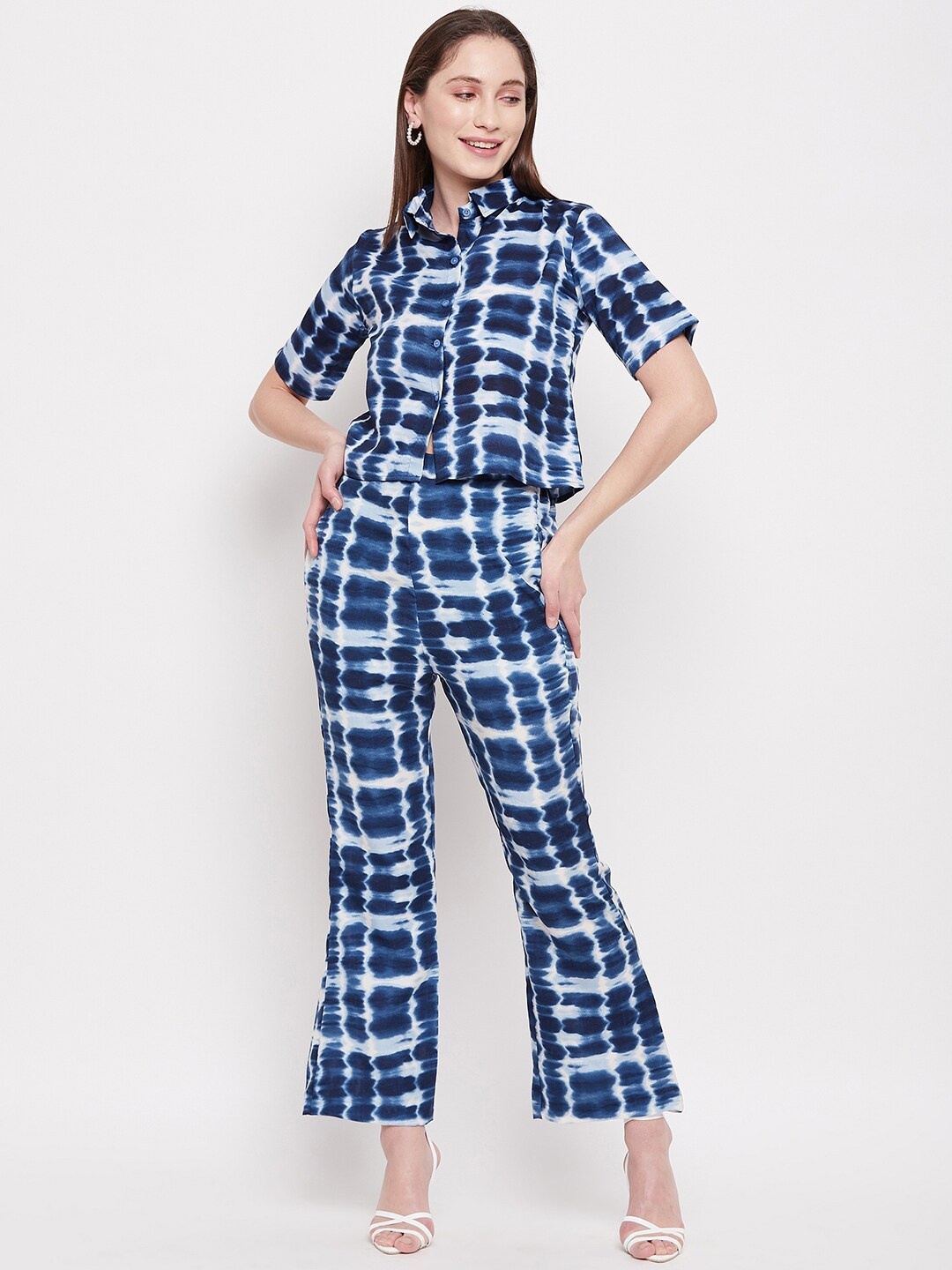

Fashfun Women Tie-Dye Printed Loose Shirt With Bootcut Trouser Co-Ords, Blue