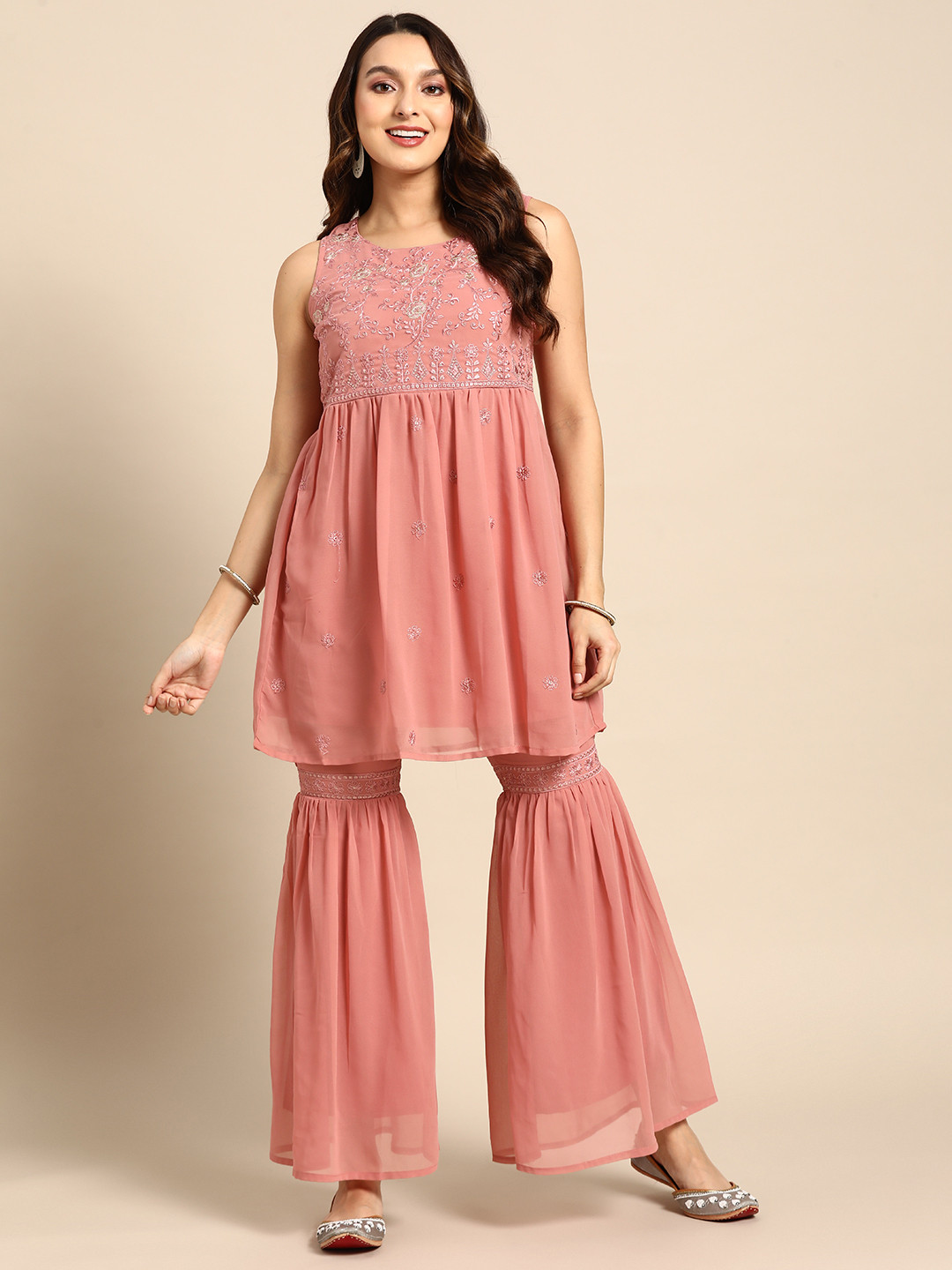 

Anouk Women Embroidered Pleated Thread Work Kurti With Sharara, Pink