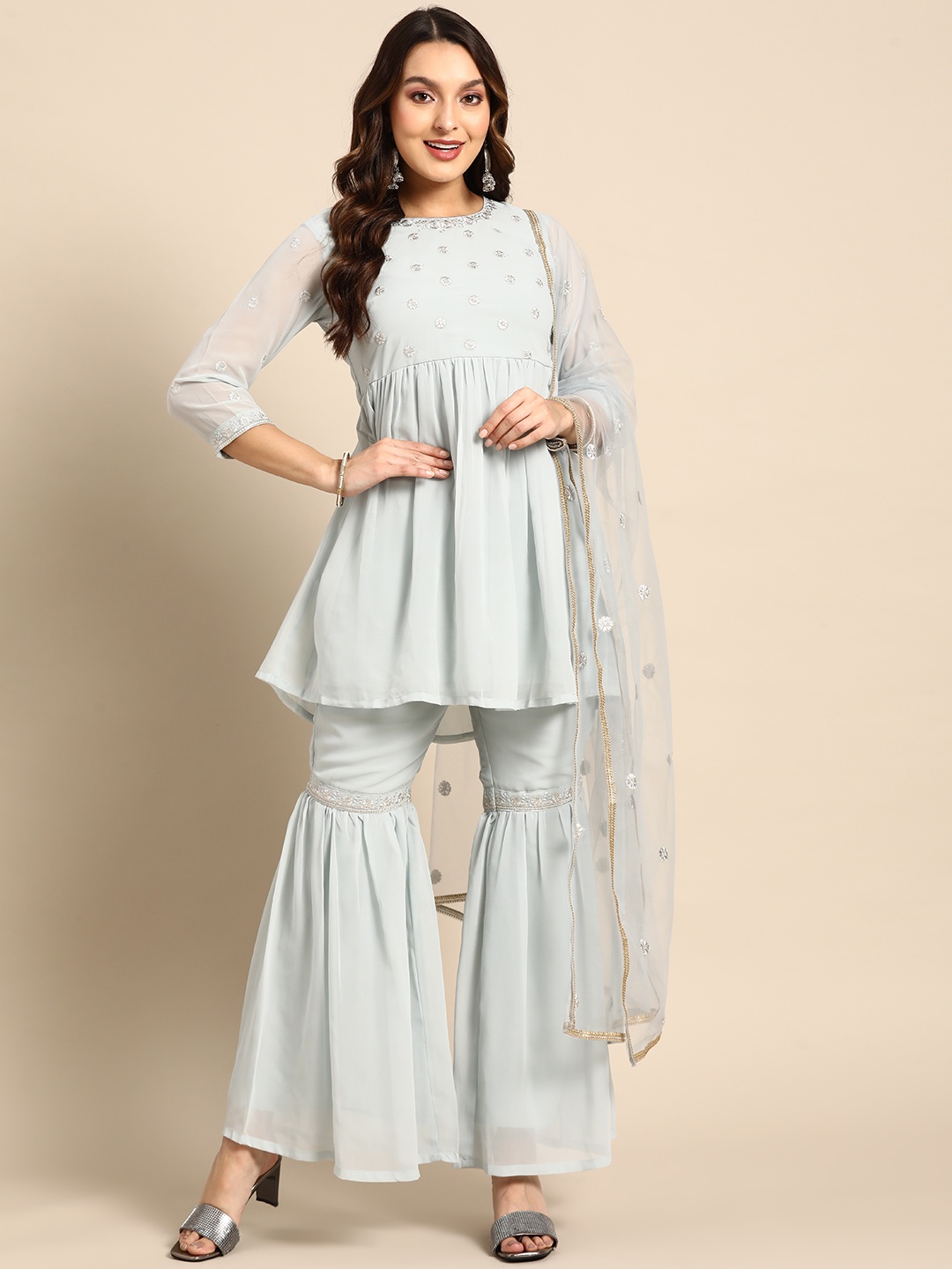

Anouk Women Blue Floral Embroidered Pleated Thread Work Kurti with Sharara & With Dupatta