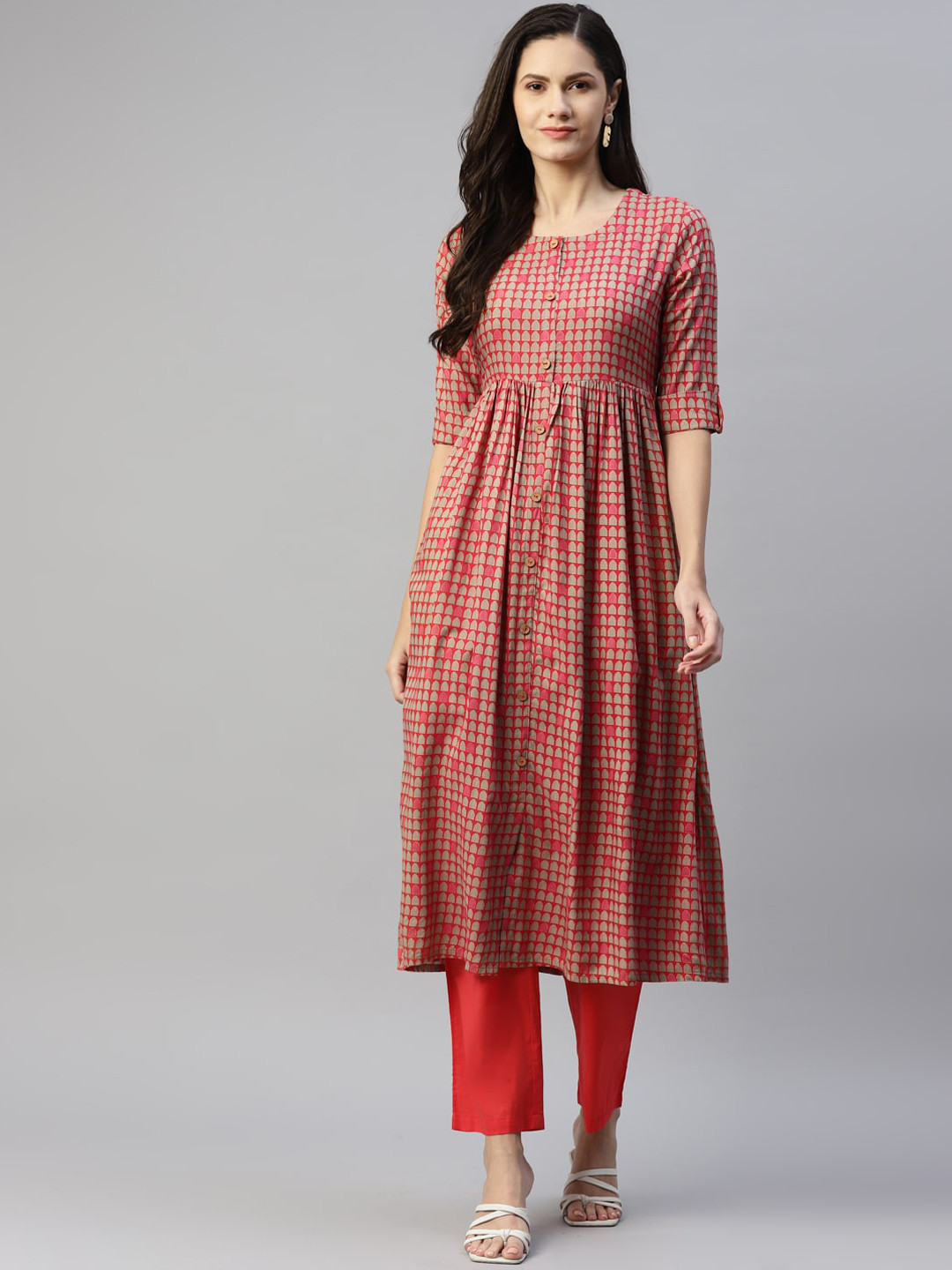 

MALHAAR Women Geometric Printed Anarkali Kurta, Red