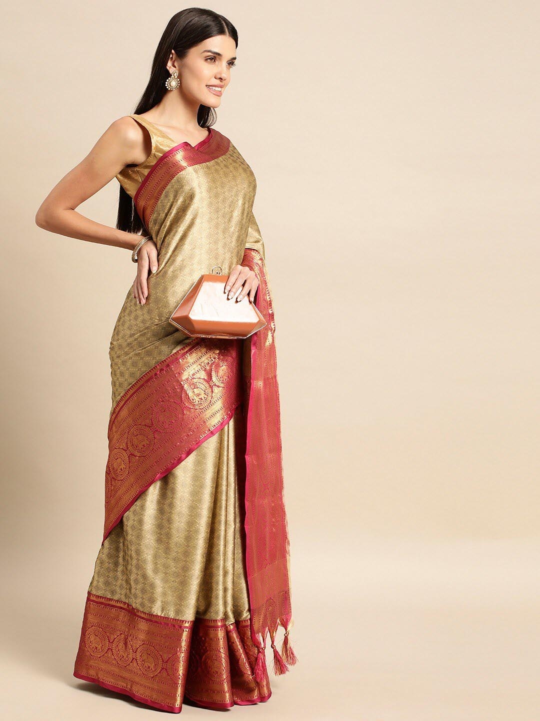 

WILORI Woven Design Zari Silk Cotton Mysore Silk Saree, Beige