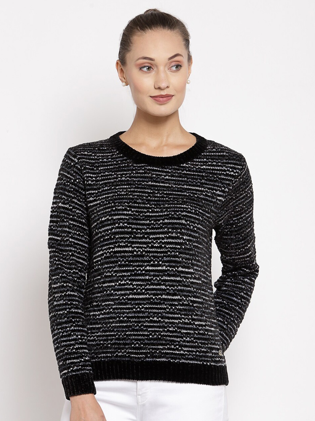 

Juelle Women Striped Pullover with Fuzzy Detail, Black