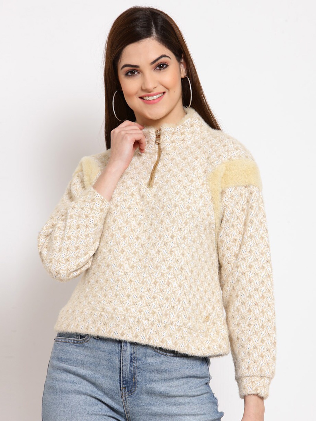

Juelle Women Abstract Printed Pullover Sweater, Cream