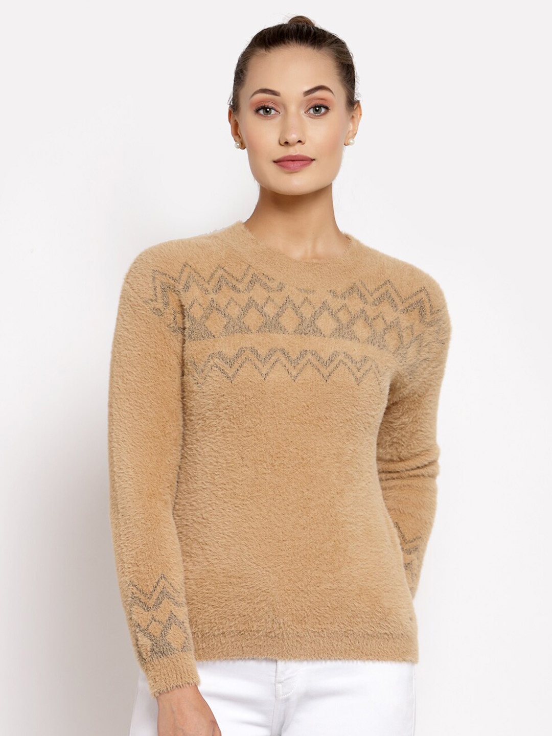 

Juelle Women Geometric Self Design Pullover Sweater, Brown