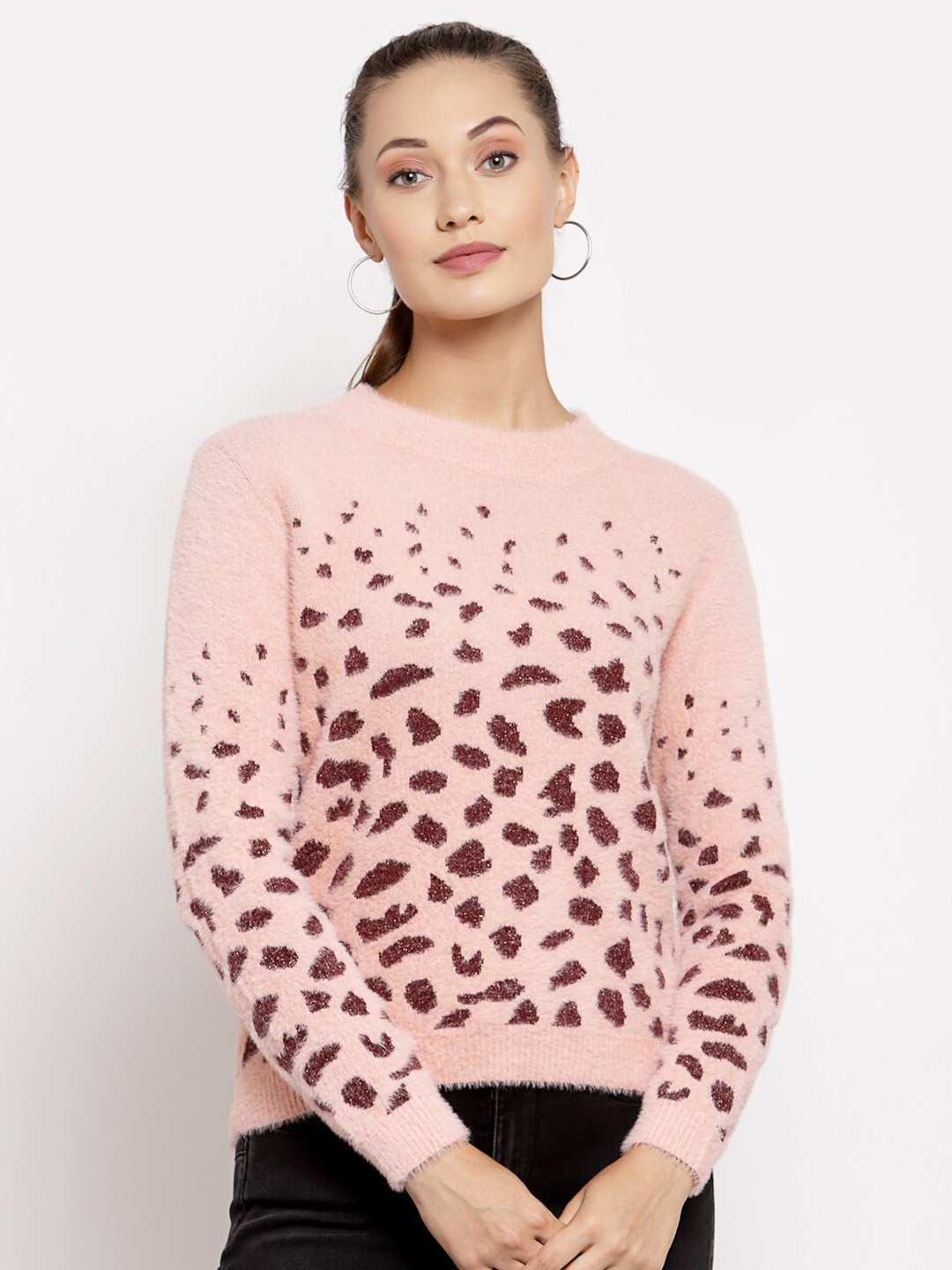 

Juelle Women Abstract Self Design Fuzzy Detailed Pullover Sweater, Peach