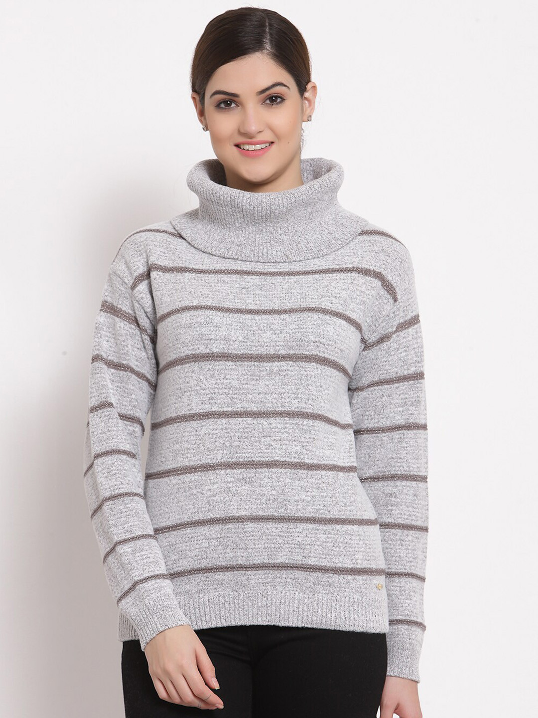 

Juelle Women Turtle Neck Striped Pullover Sweater, Grey