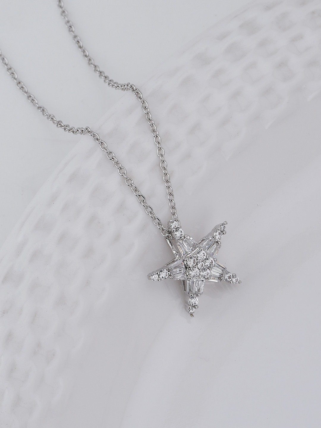 

Carlton London Rhodium Plated Stone-Studded Star Pendant With Chain, Silver