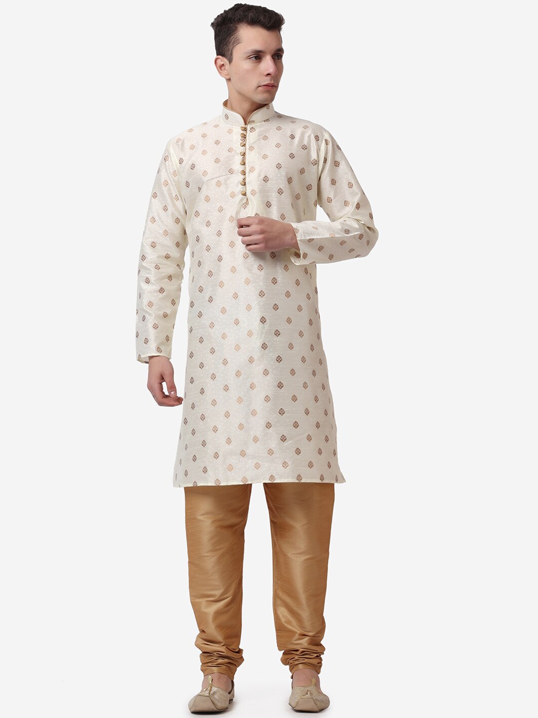 

ROYAL KURTA Men Ethnic Motifs Printed Kurta with Churidar Pants, Gold