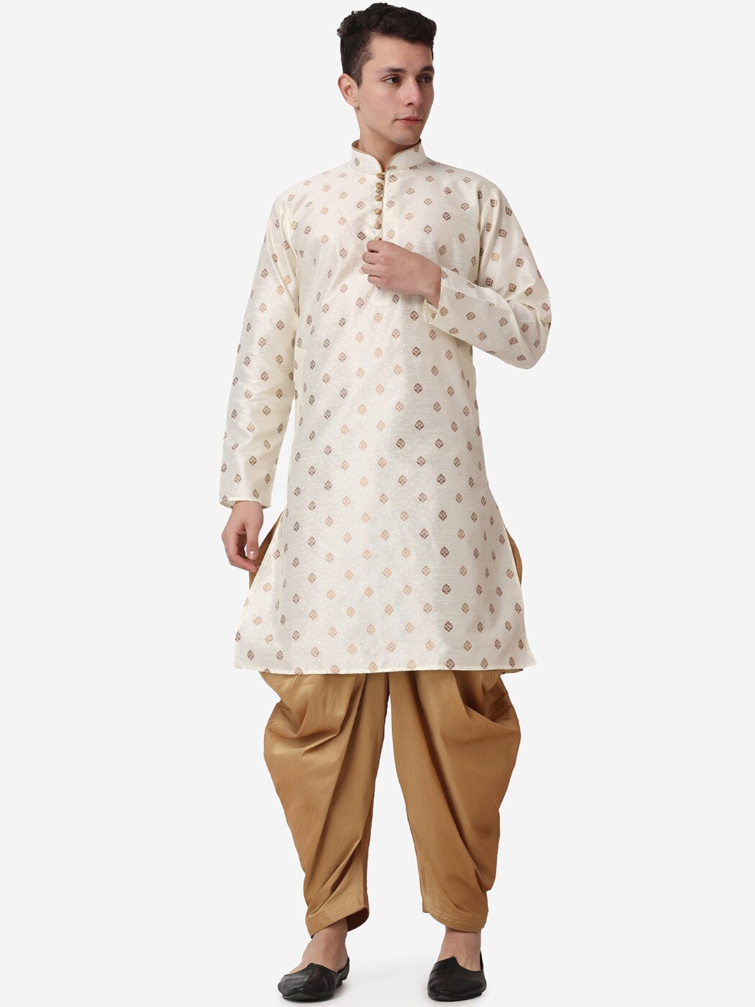 

ROYAL KURTA Men Ethnic Motifs Printed Kurta with Dhoti Pants, Gold