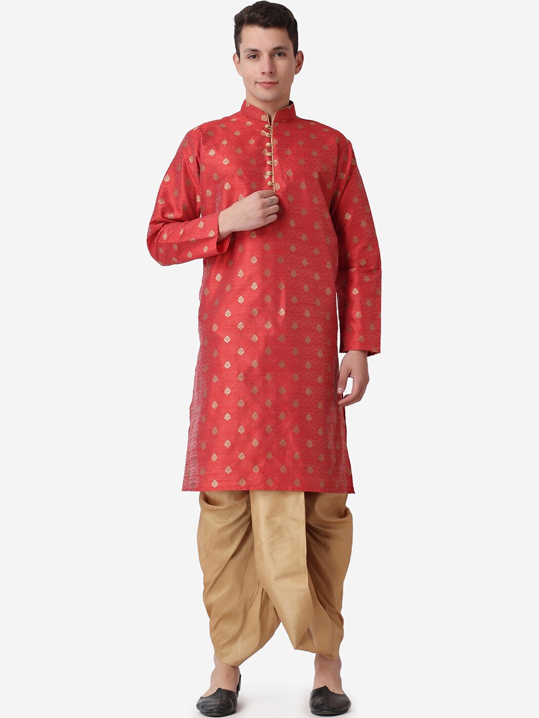 

ROYAL KURTA Men Ethnic Motifs Printed Kurta with Dhoti Pants, Maroon