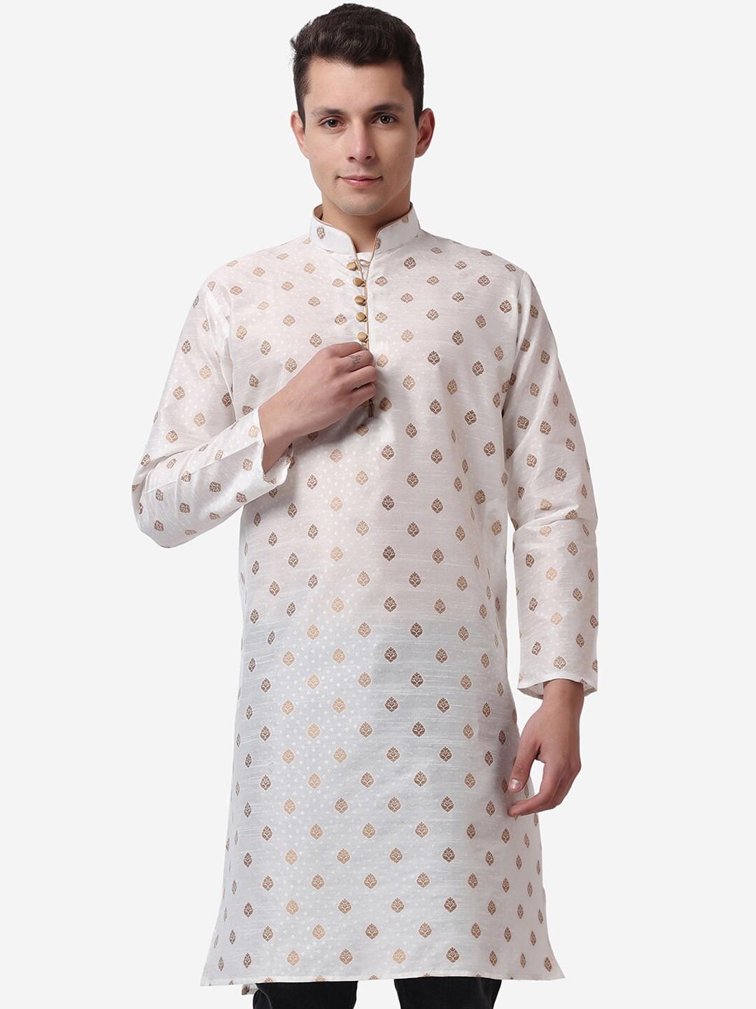 

ROYAL KURTA Men Ethnic Motifs Printed Thread Work Summer Sheers Kurta, Beige