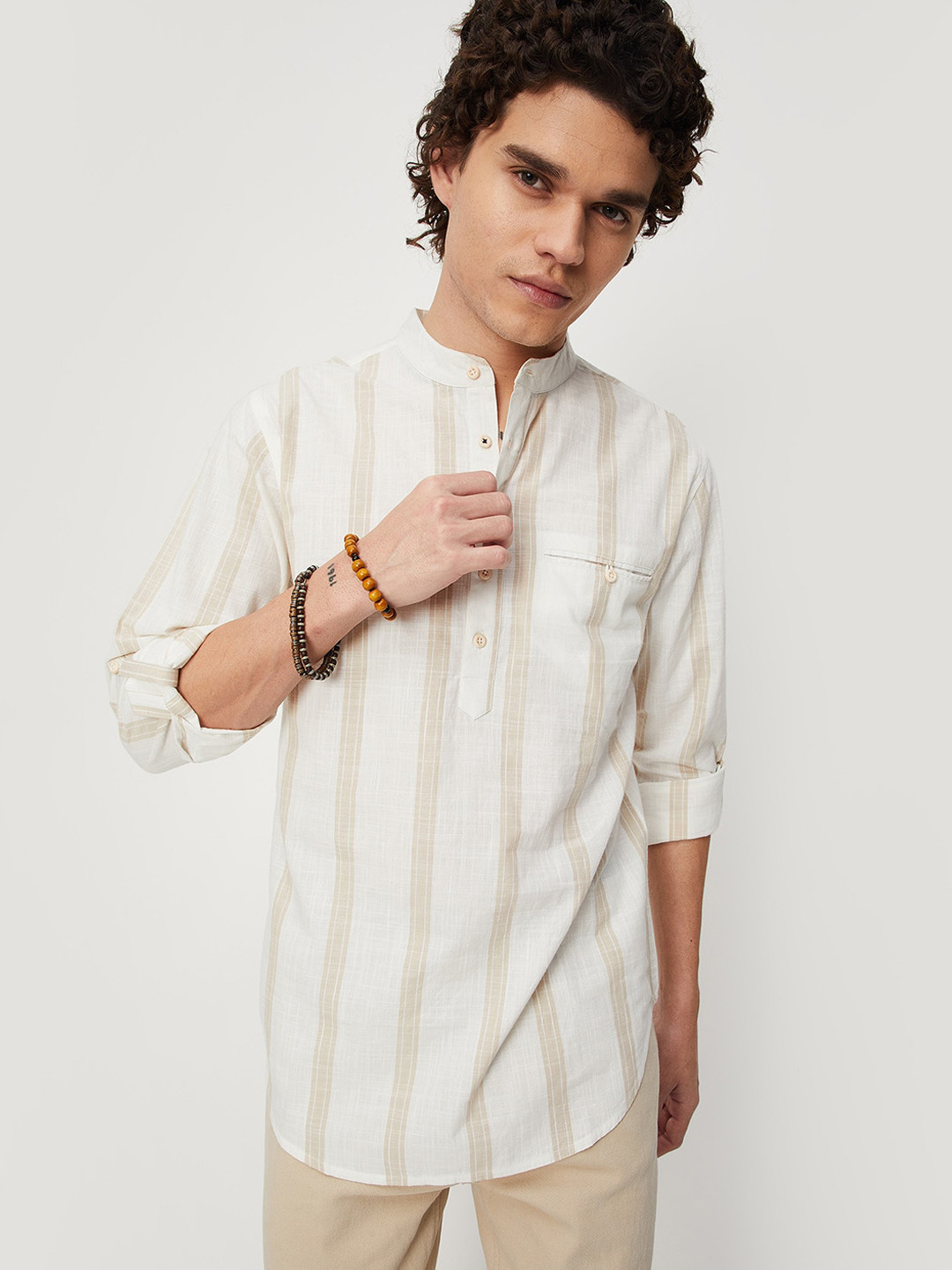 

max Men Striped Pure Cotton Kurta, Beige