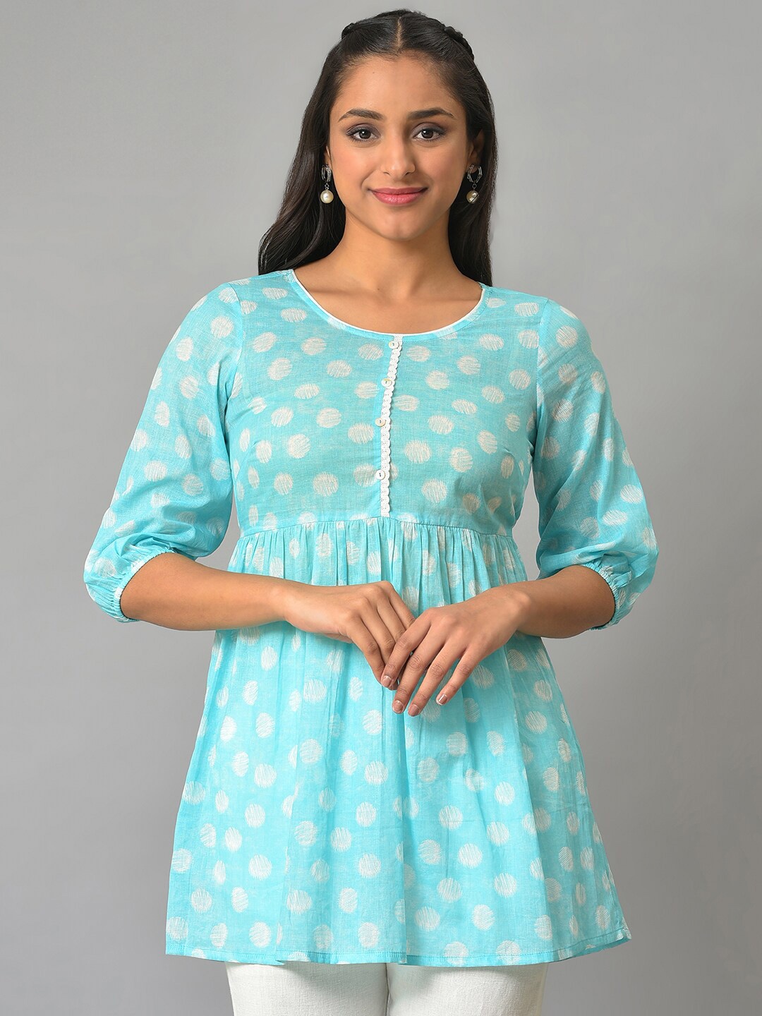 

AURELIA Printed Pure Cotton Tunic, Turquoise blue