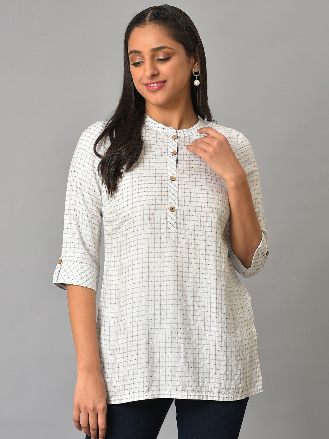 

AURELIA Checked Band Collar Roll-Up Sleeves Top, White