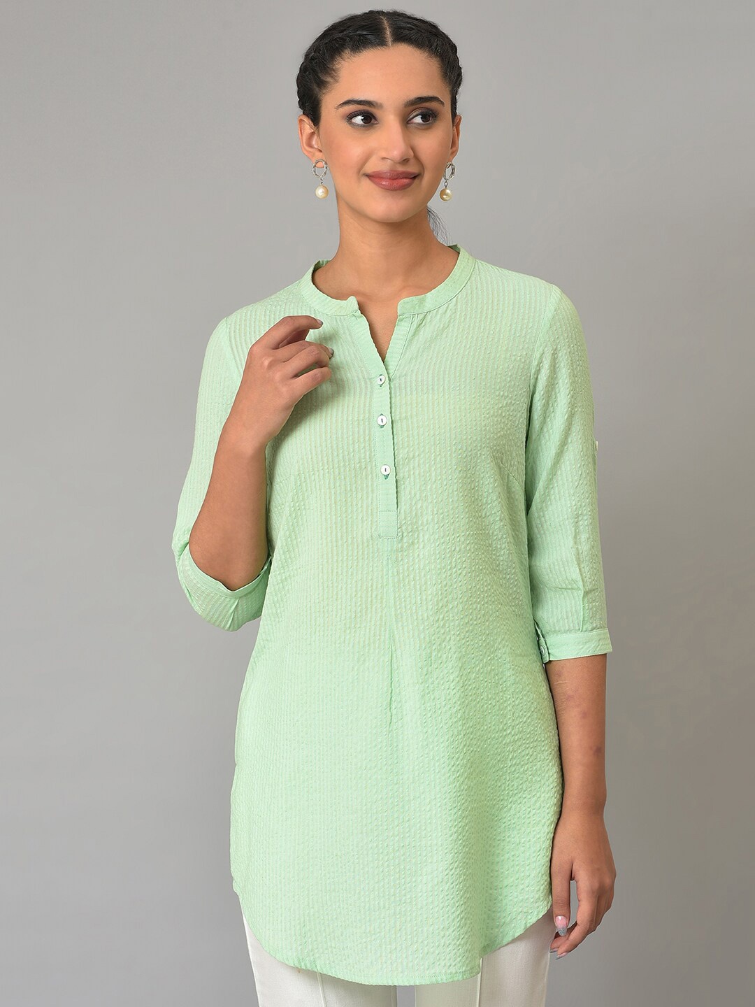 

AURELIA Band Collar Striped Pure Cotton Tunic, Green