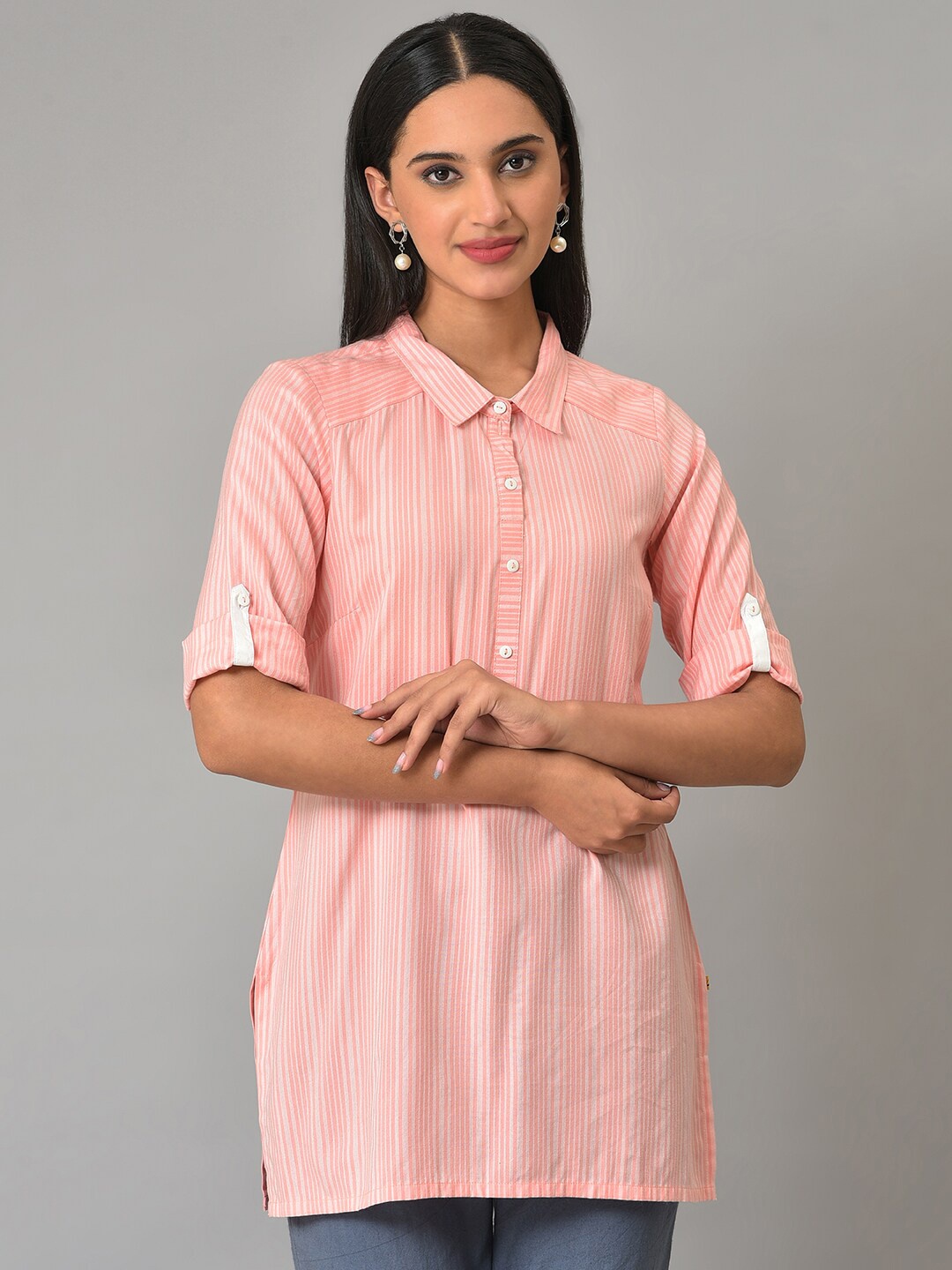 

AURELIA Viscose Rayon Shirt Collar Striped Tunic, Peach