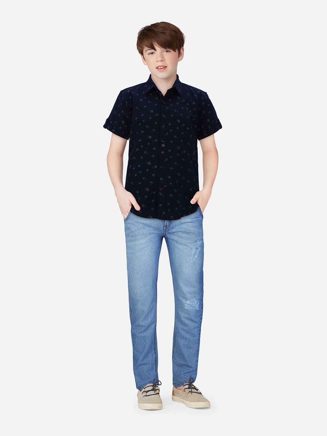 

Palm Tree Boys Printed Casual Cotton Shirt, Navy blue