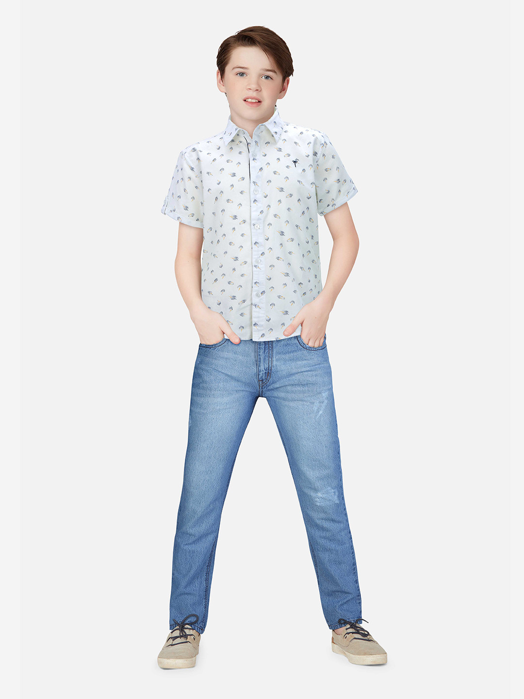

Palm Tree Boys Printed Casual Cotton Shirt, White