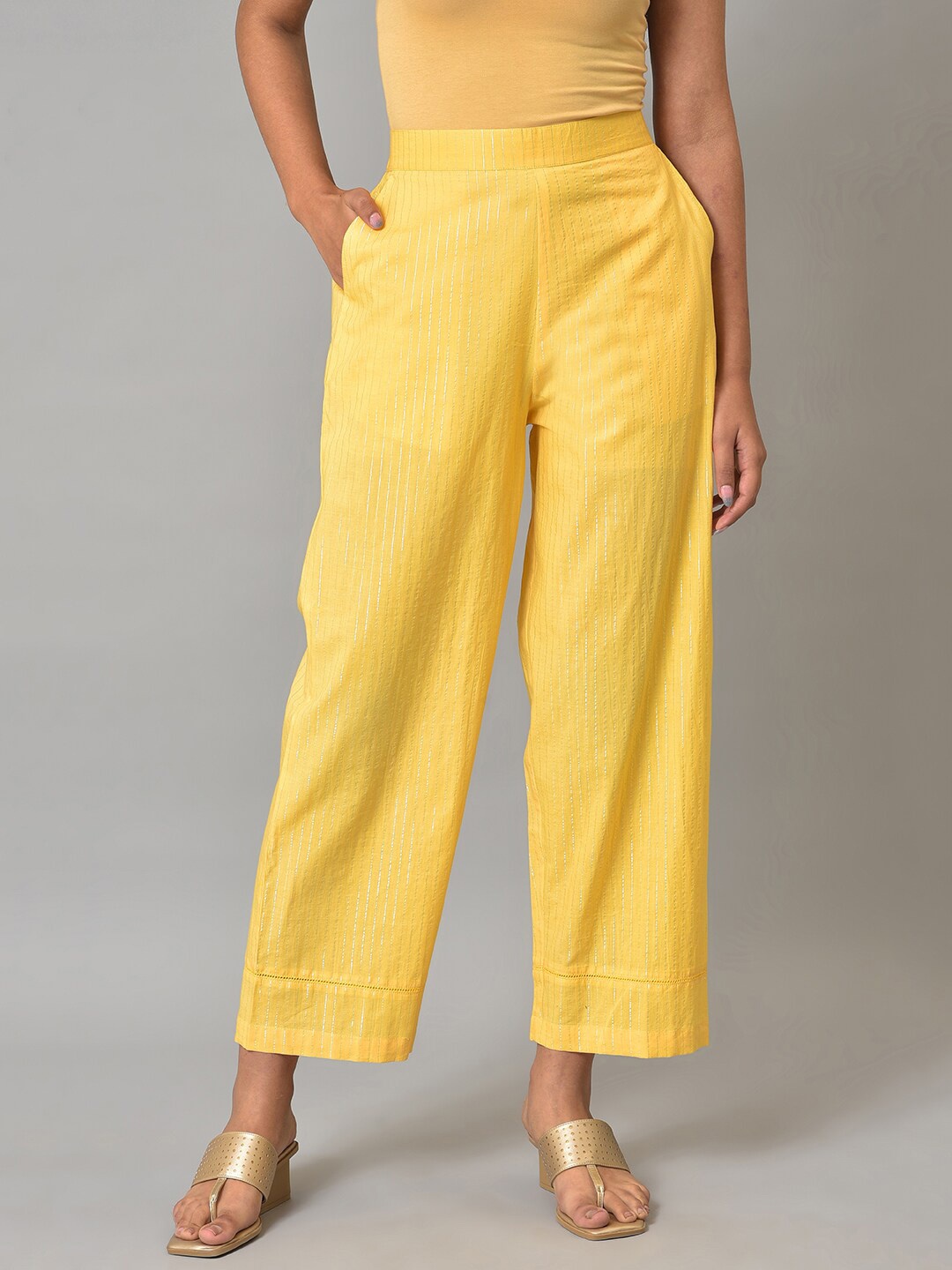 

AURELIA Women Striped Chambray Ethnic Palazzos, Yellow