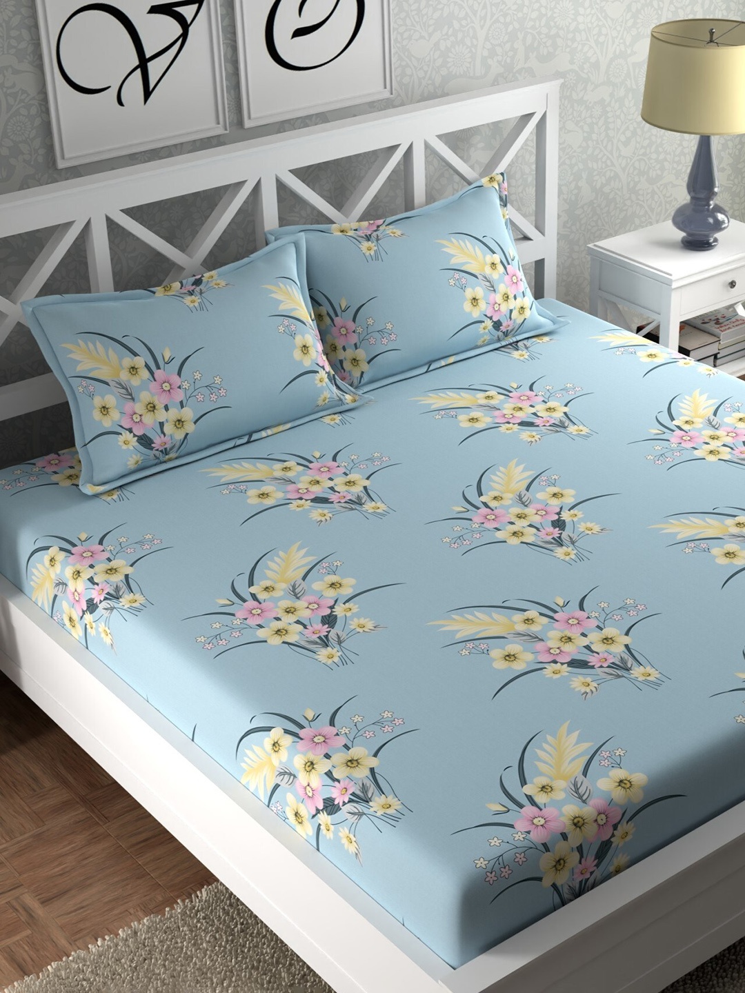 

CHHAVI INDIA Blue & Yellow Floral 210 TC Queen Bedsheet with 2 Pillow Covers