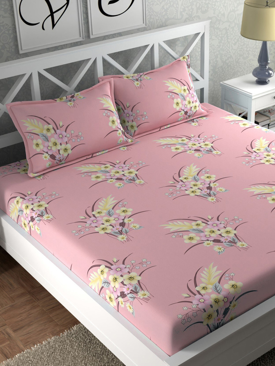 

CHHAVI INDIA Pink & Yellow Floral 210 TC Queen Bedsheet with 2 Pillow Covers