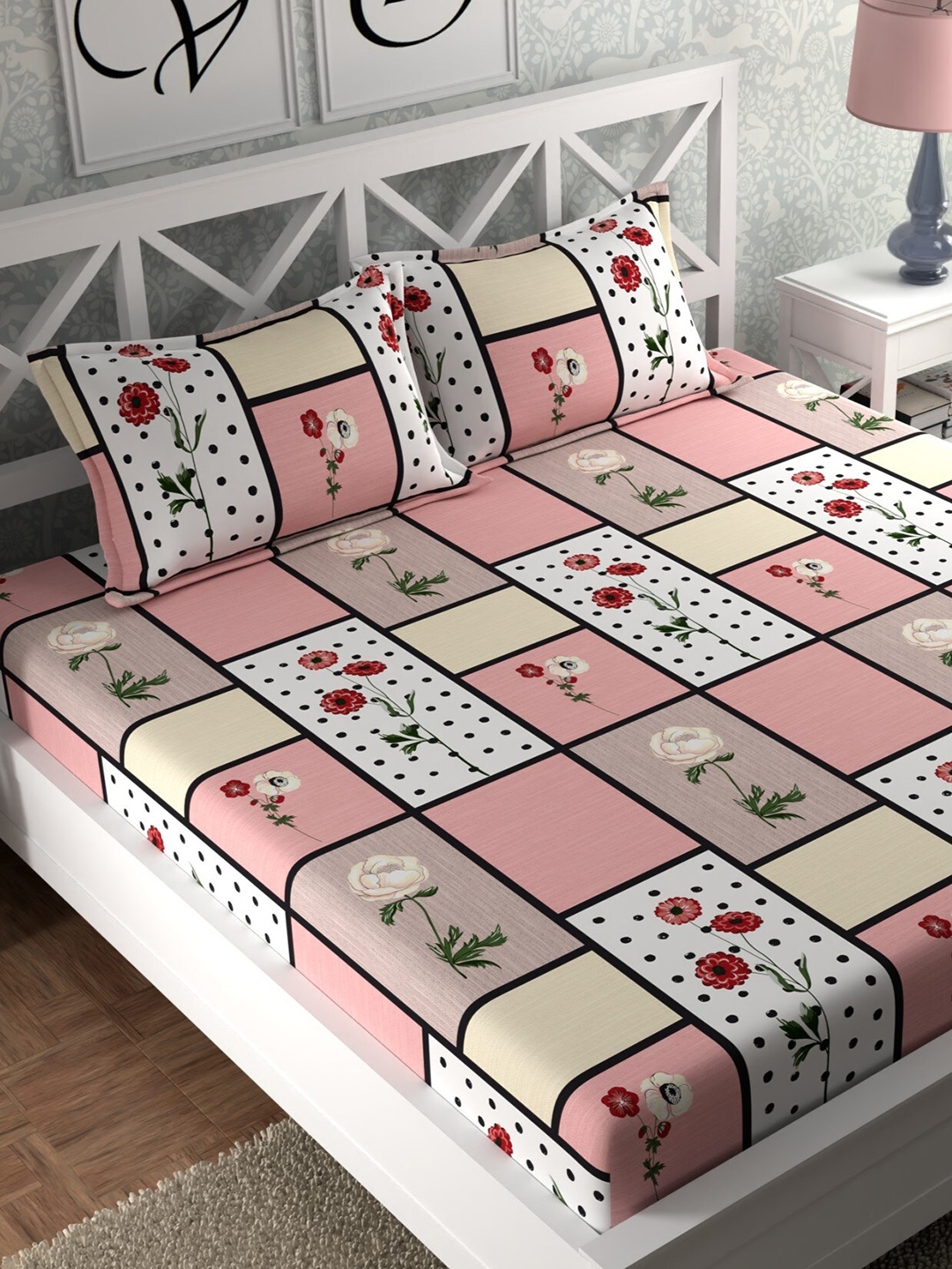 

CHHAVI INDIA Pink & White Floral 210 TC Queen Bedsheet with 2 Pillow Covers