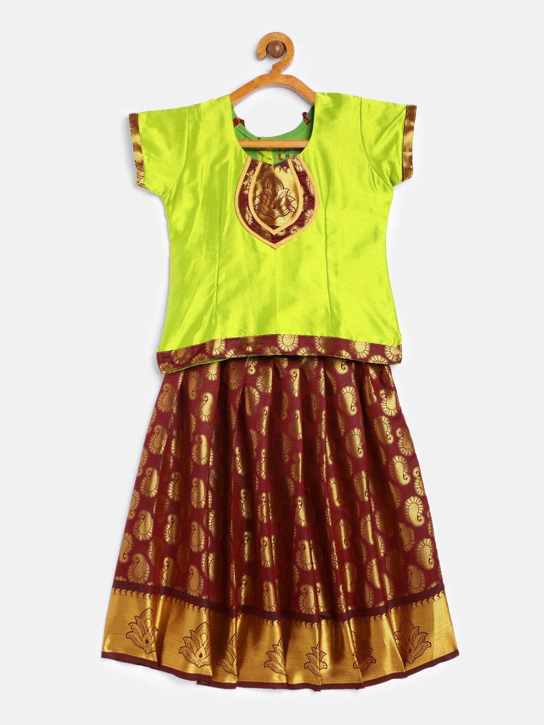 

Baby Lakshmi Girls Green & Brown Patchwork Ready to Wear Pavadai Set