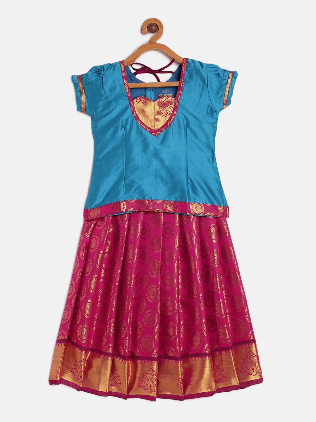 

Baby Lakshmi Girls Blue & Pink Patchwork Ready to Wear Pavadai Set