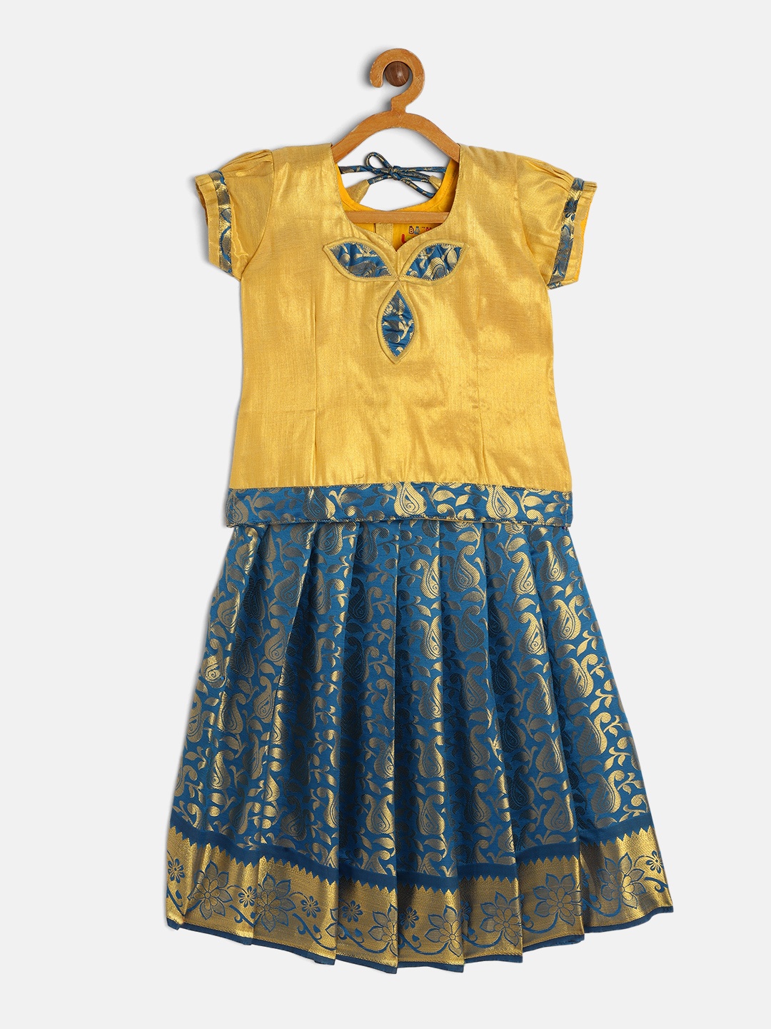 

Baby Lakshmi Girls Gold-Toned & Blue Patchwork Ready to Wear Lehenga &