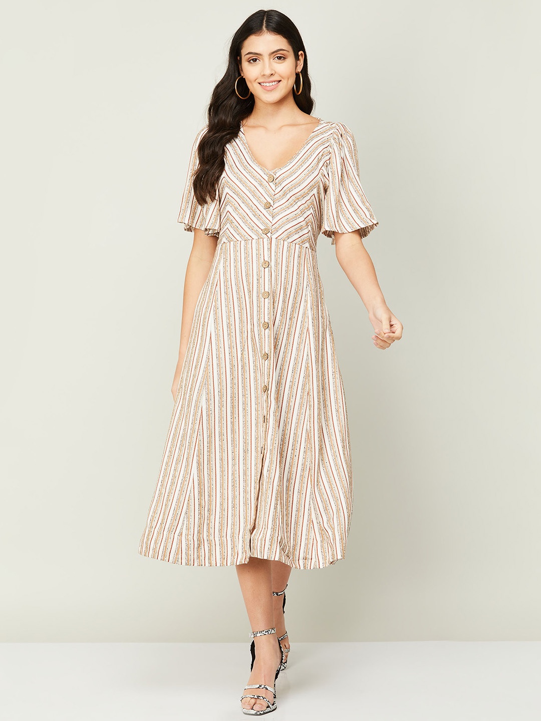 

CODE by Lifestyle V-Neck Striped A-Line Midi Dress, Beige