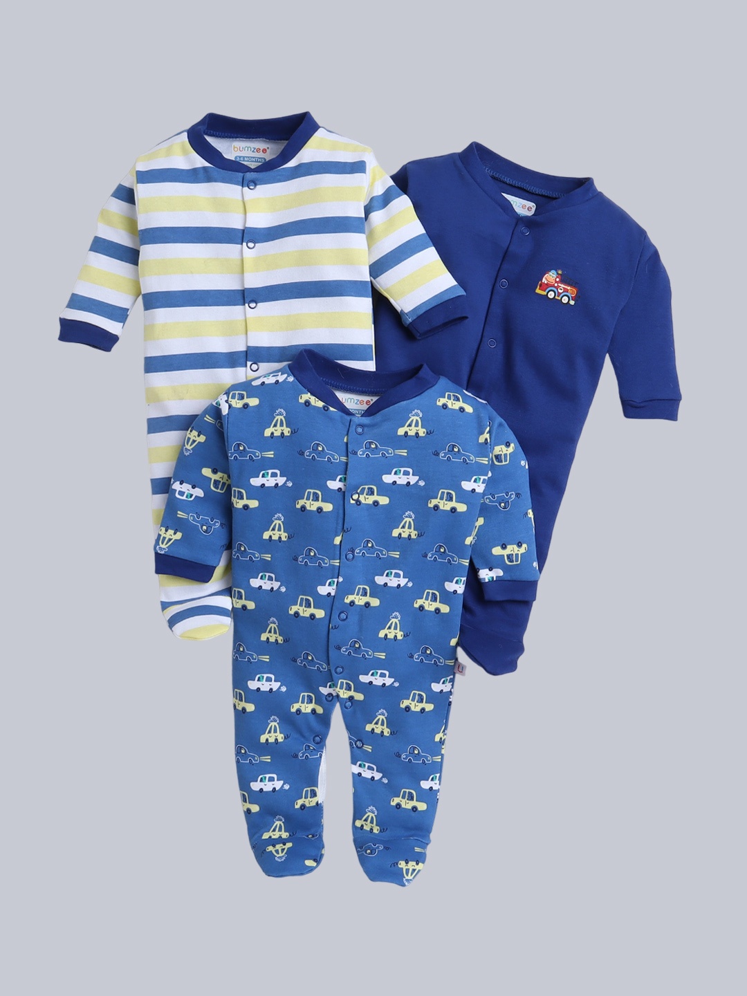 

BUMZEE Infant Boys Pack Of 3 Printed Cotton Sleepsuits, Blue